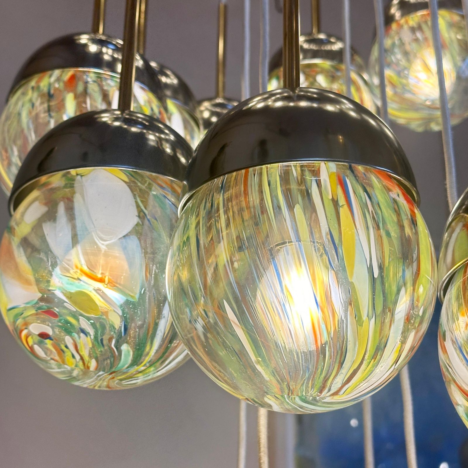 photo for sale Late 20th Century Chrome, Brushed Steel, Brass & Murano Glass Cascade Chandelier