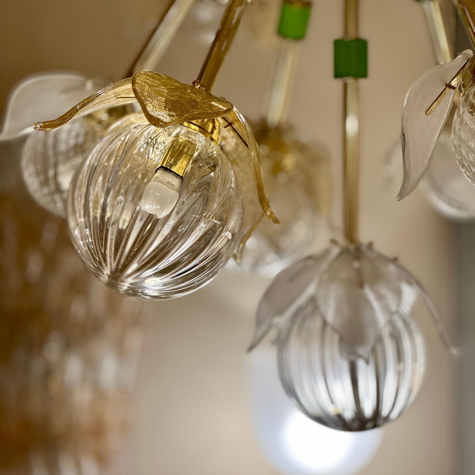 "Flower Power" Brass Sputnik Chandelier W/ Murano Art Glass Boules And Petals photo buy