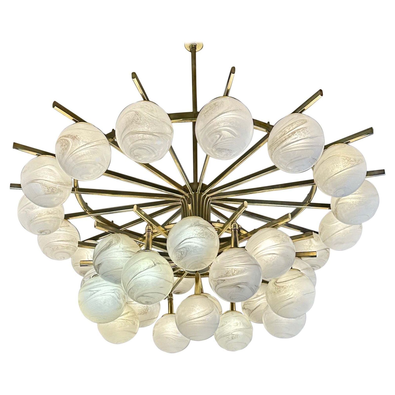 Late 20th Century Brass Double Tier Chandelier With Marbled Murano Glass Boules