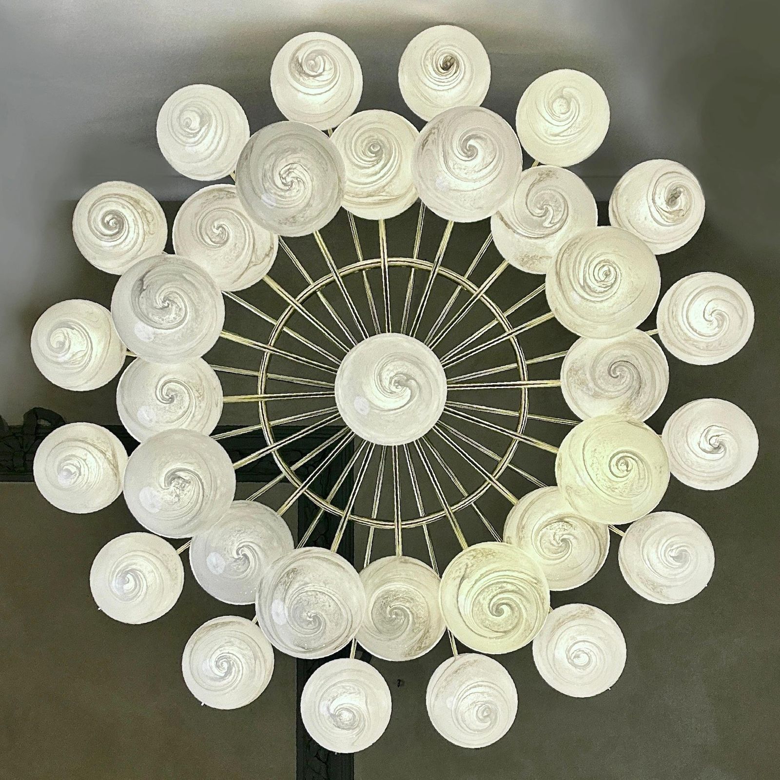 Late 20th Century Brass Double Tier Chandelier With Marbled Murano Glass Boules photo buy