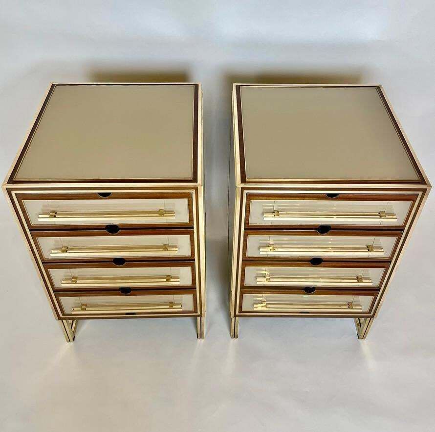 Mid Century Modern Pair Of Wood, Brass & Beige Opaline Glass Night Stands photo furniture