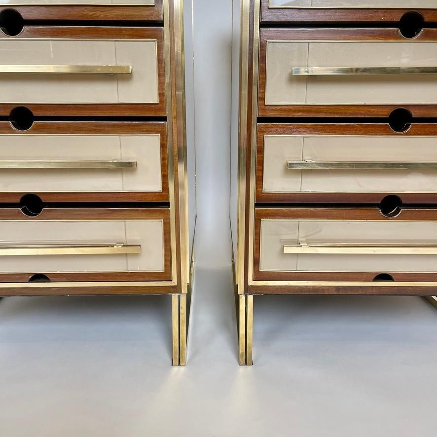 Mid Century Modern Pair Of Wood, Brass & Beige Opaline Glass Night Stands photo for sale