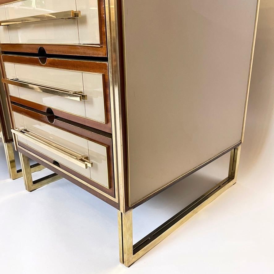 Mid Century Modern Pair Of Wood, Brass & Beige Opaline Glass Night Stands photo 12334.0