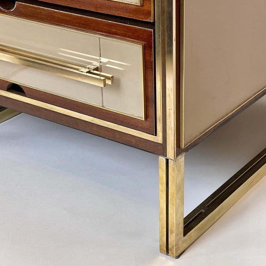 photo furniture Mid Century Modern Pair Of Wood, Brass & Beige Opaline Glass Night Stands