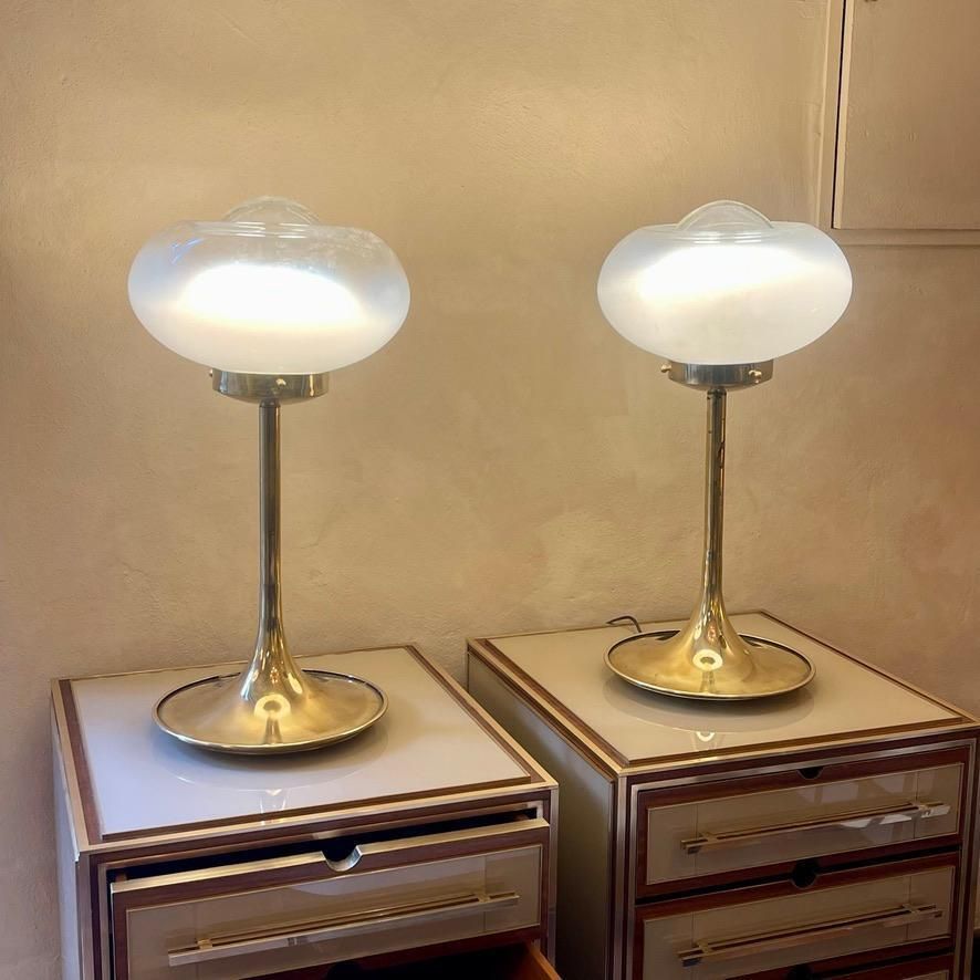 photo for sale Mid Century Modern Pair Of Wood, Brass & Beige Opaline Glass Night Stands
