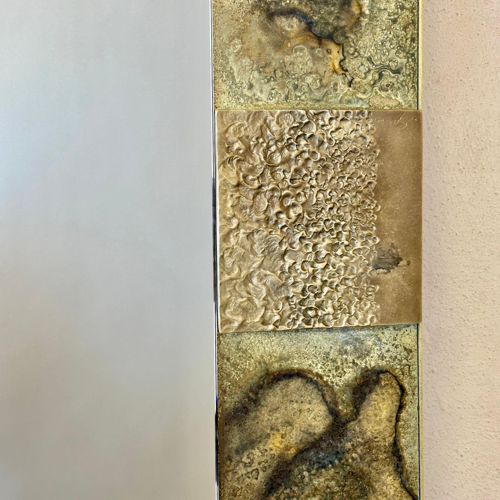 Late20th Century Italian Bronze Mirror & Etched Brass W/ Bronze Abstract Plaques photo vinterior