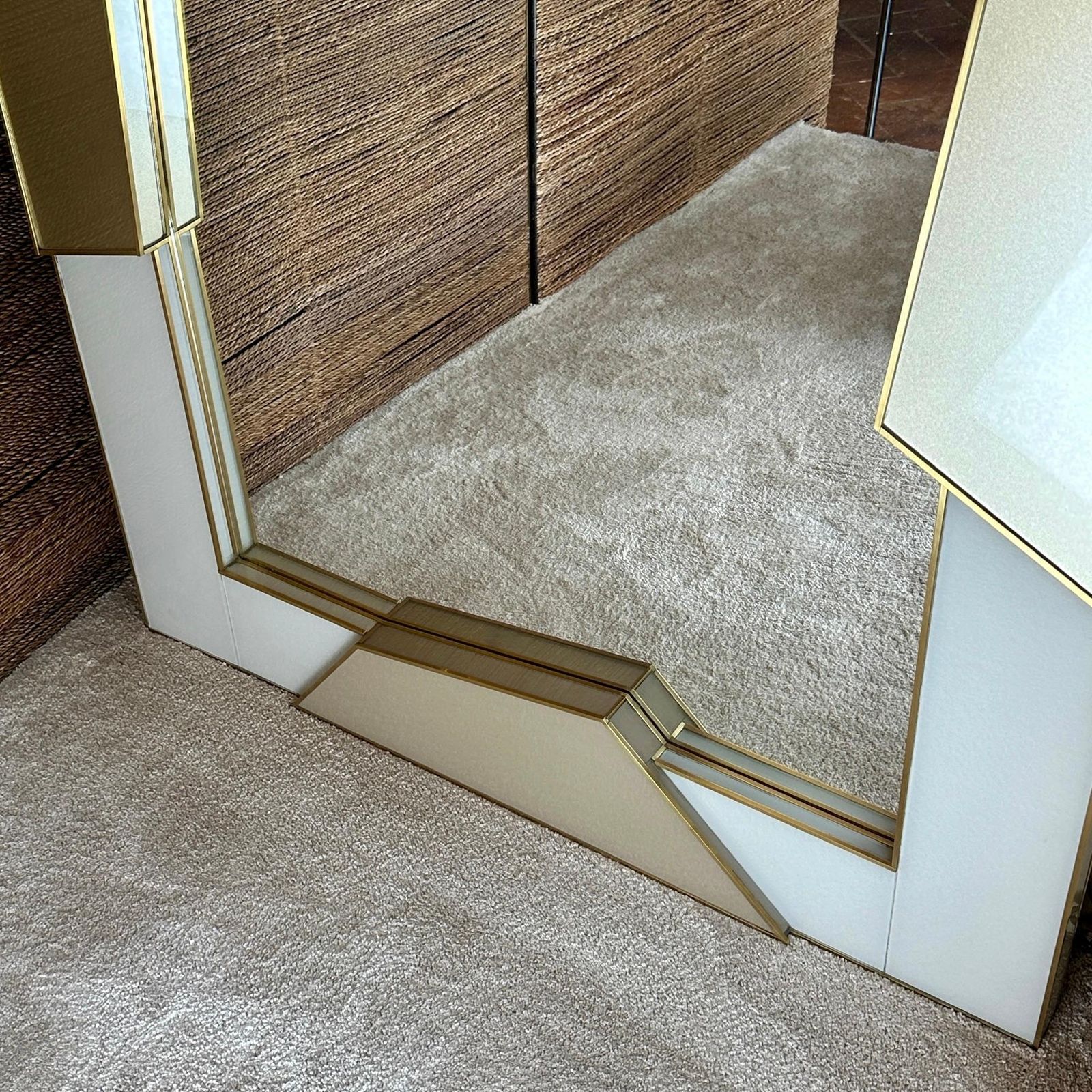 Late 20th Century Italian Light Grey & Gold Opaline Glass W/ Brass Wall Mirror photo for sale