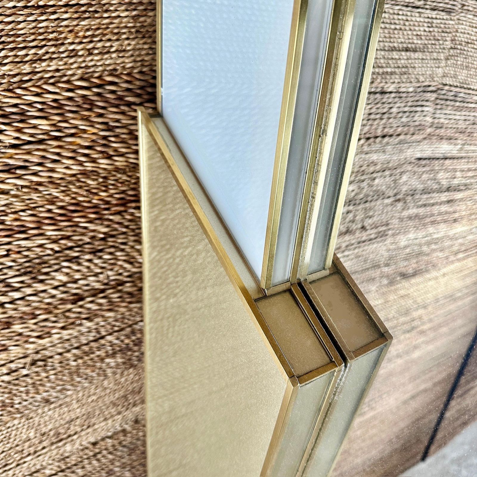 Late 20th Century Italian Light Grey & Gold Opaline Glass W/ Brass Wall Mirror photo 9357.0