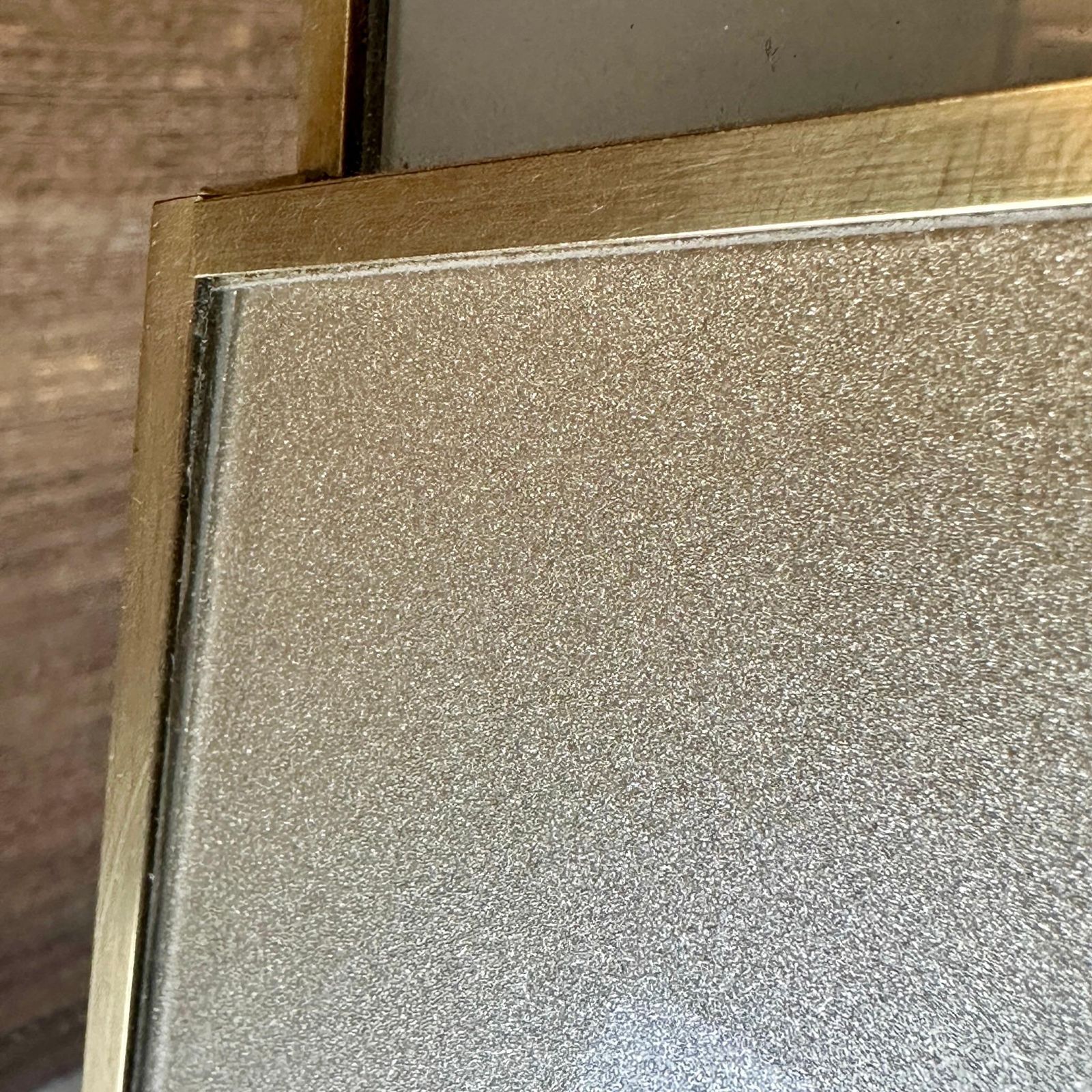 photo furniture Late 20th Century Italian Light Grey & Gold Opaline Glass W/ Brass Wall Mirror