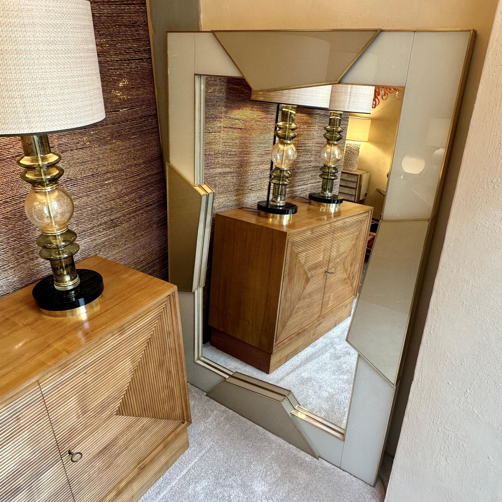 photo for sale Late 20th Century Italian Light Grey & Gold Opaline Glass W/ Brass Wall Mirror