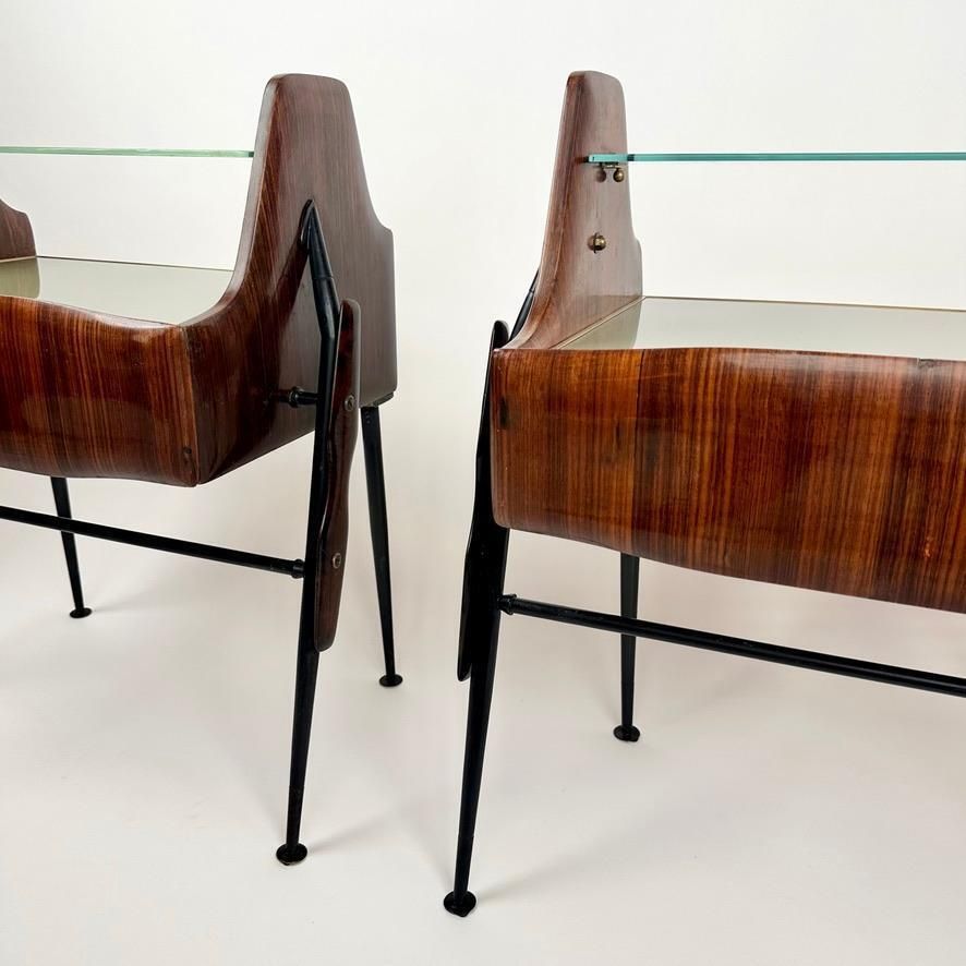 1950's Pair Of Italian Wood, Opaline Glass, Iron & Brass Night Stands W/ Drawers photo Furniture