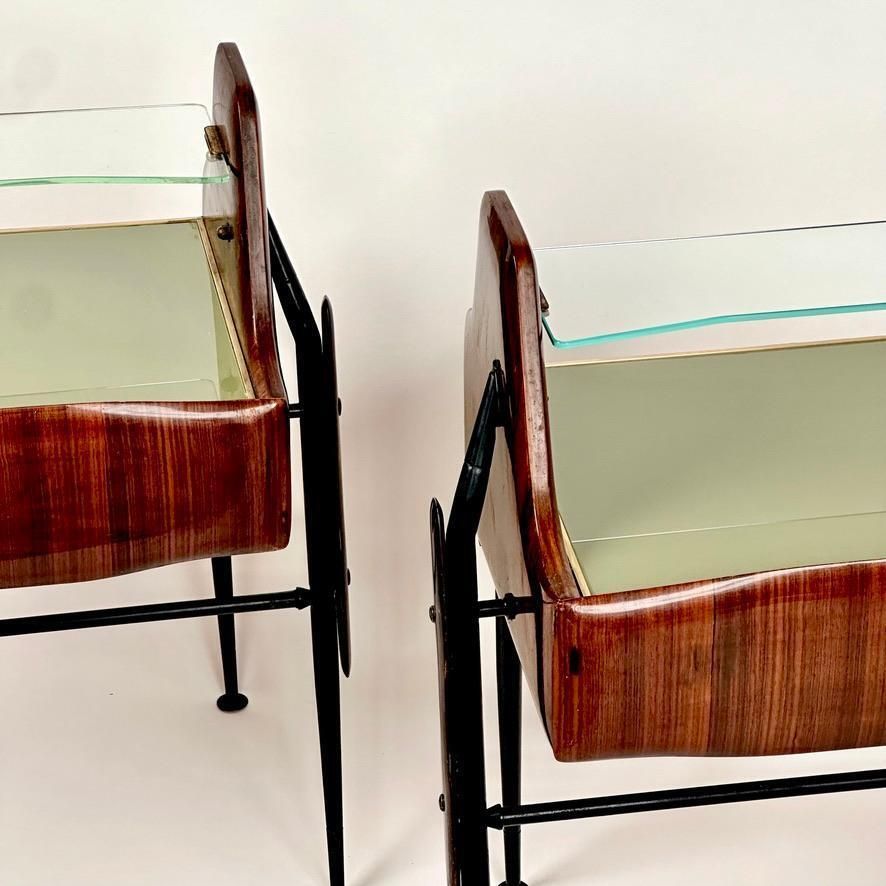 photo for sale 1950's Pair Of Italian Wood, Opaline Glass, Iron & Brass Night Stands W/ Drawers