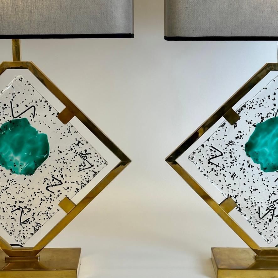Late 20th Century Pair Of Transparent/Green Murano Art Glass & Brass Table Lamps photo for sale