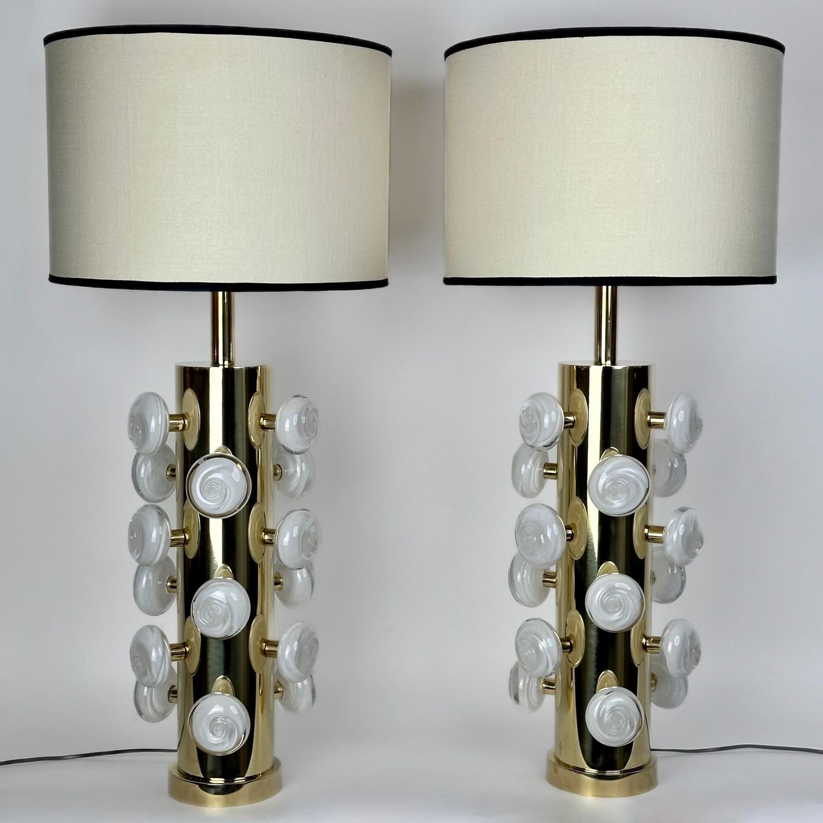 Late 20th Century Pair Of Brass & White Murano Art Glass Butttons Table Lamps photo furniture