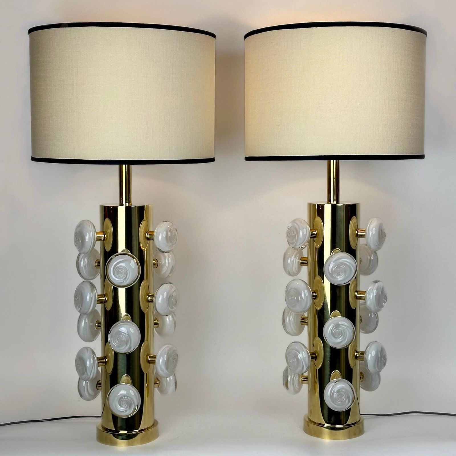 Late 20th Century Pair Of Brass & White Murano Art Glass Butttons Table Lamps photo for sale
