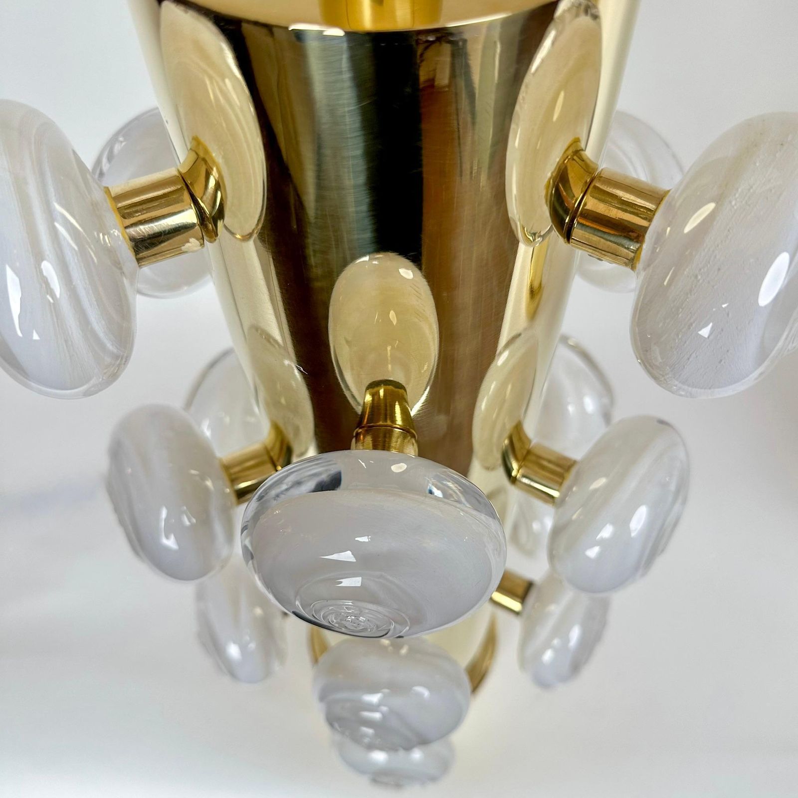 Late 20th Century Pair Of Brass & White Murano Art Glass Butttons Table Lamps photo Lighting