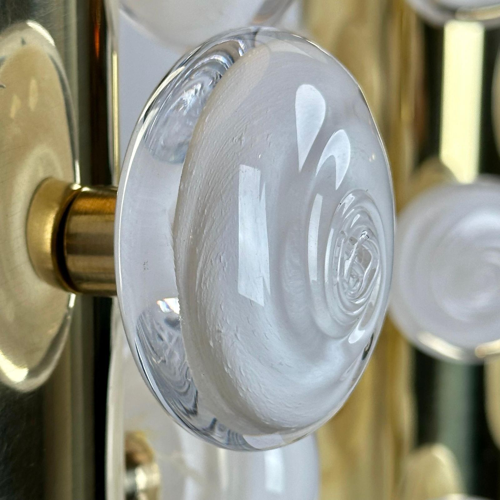 Late 20th Century Pair Of Brass & White Murano Art Glass Butttons Table Lamps photo vintage