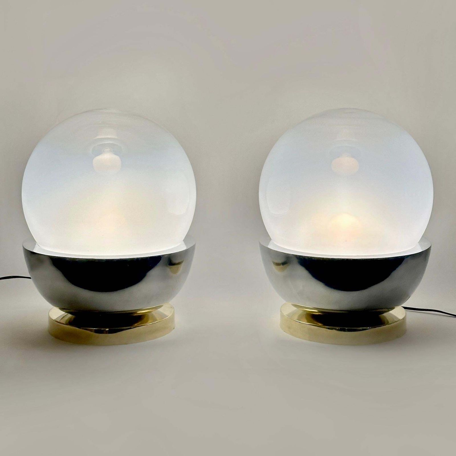 Late 20th Century Pair Of Brass, Steel & Faded Blown Murano Glass Table Lamps photo furniture