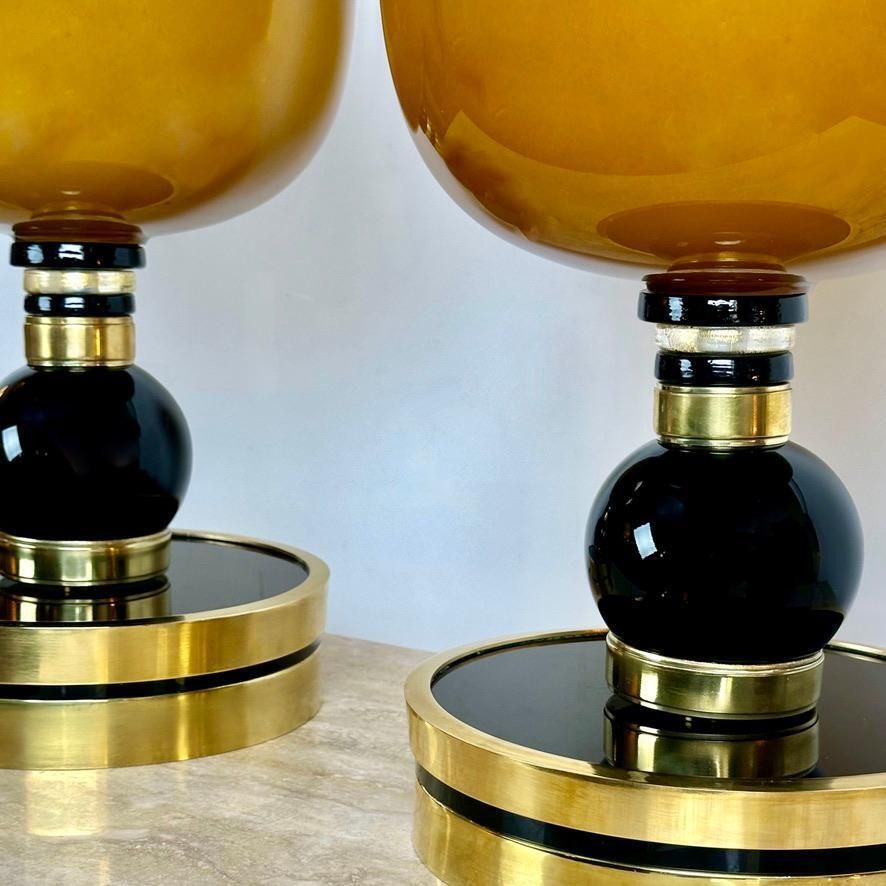 Late20th Century Pair Of Brass, Black Opaline & Caramel Murano Glass Table Lamps photo Lighting