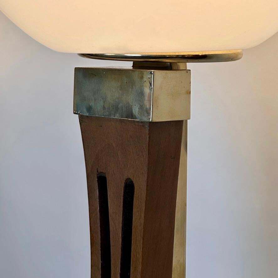 Late 20th Century Pair Of Walnut, Brass & Faded Blown Murano Glass Table Lamps photo vintage