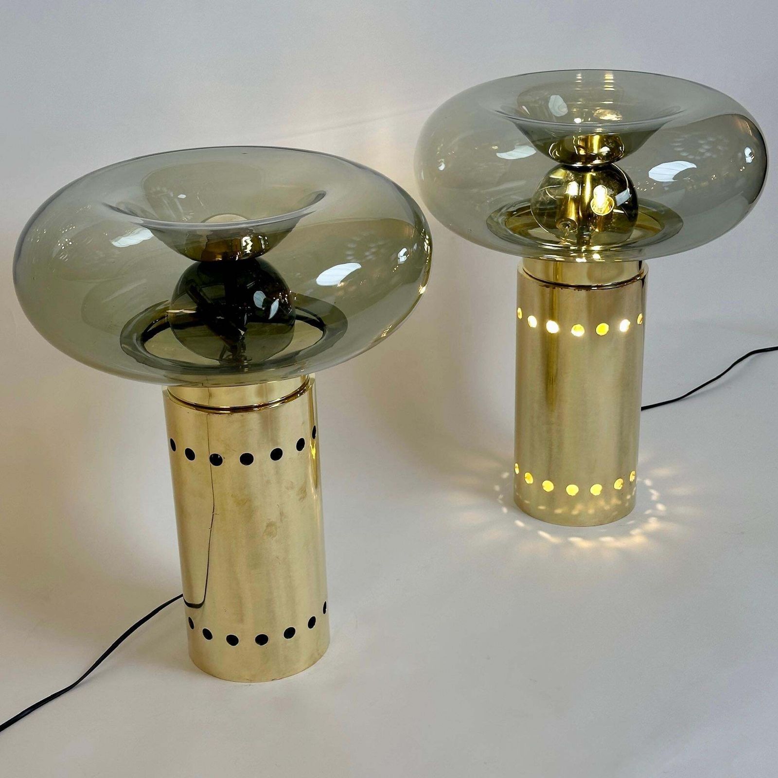 Late 20th Century Pair Of Brass & Smoked Grey Blown Murano Art Glass Table Lamps photo for sale