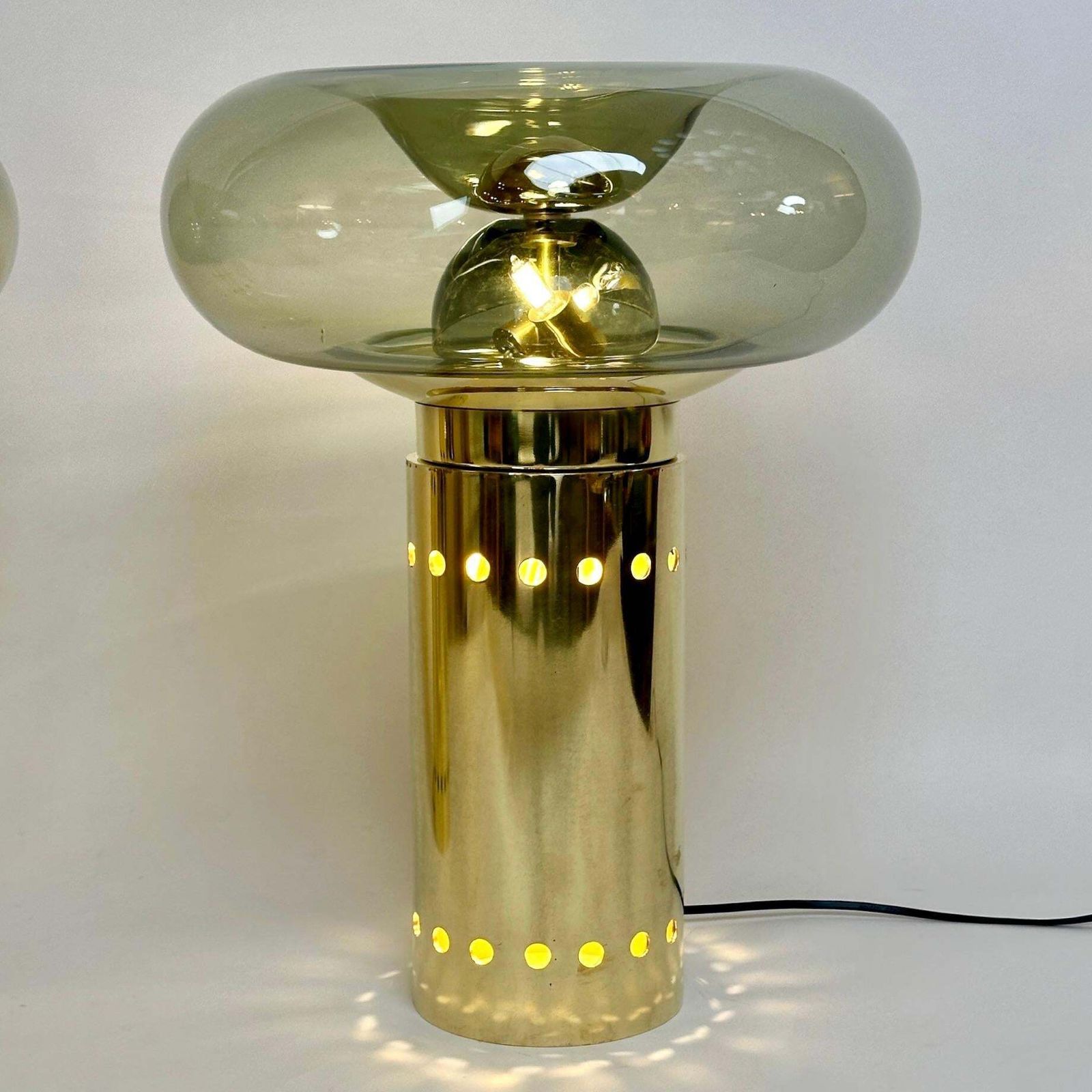 Late 20th Century Pair Of Brass & Smoked Grey Blown Murano Art Glass Table Lamps photo 3998.0