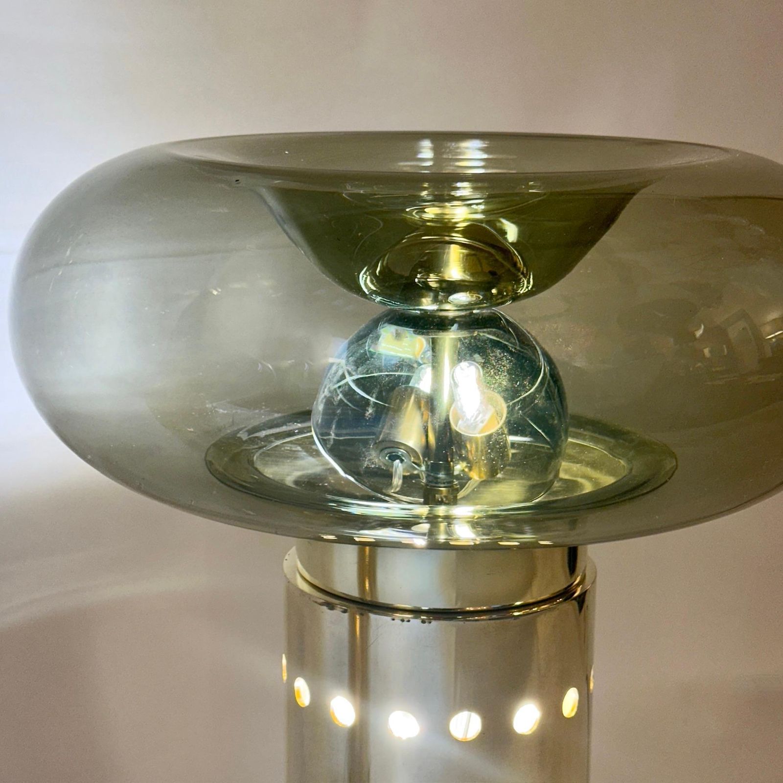 Late 20th Century Pair Of Brass & Smoked Grey Blown Murano Art Glass Table Lamps photo buy