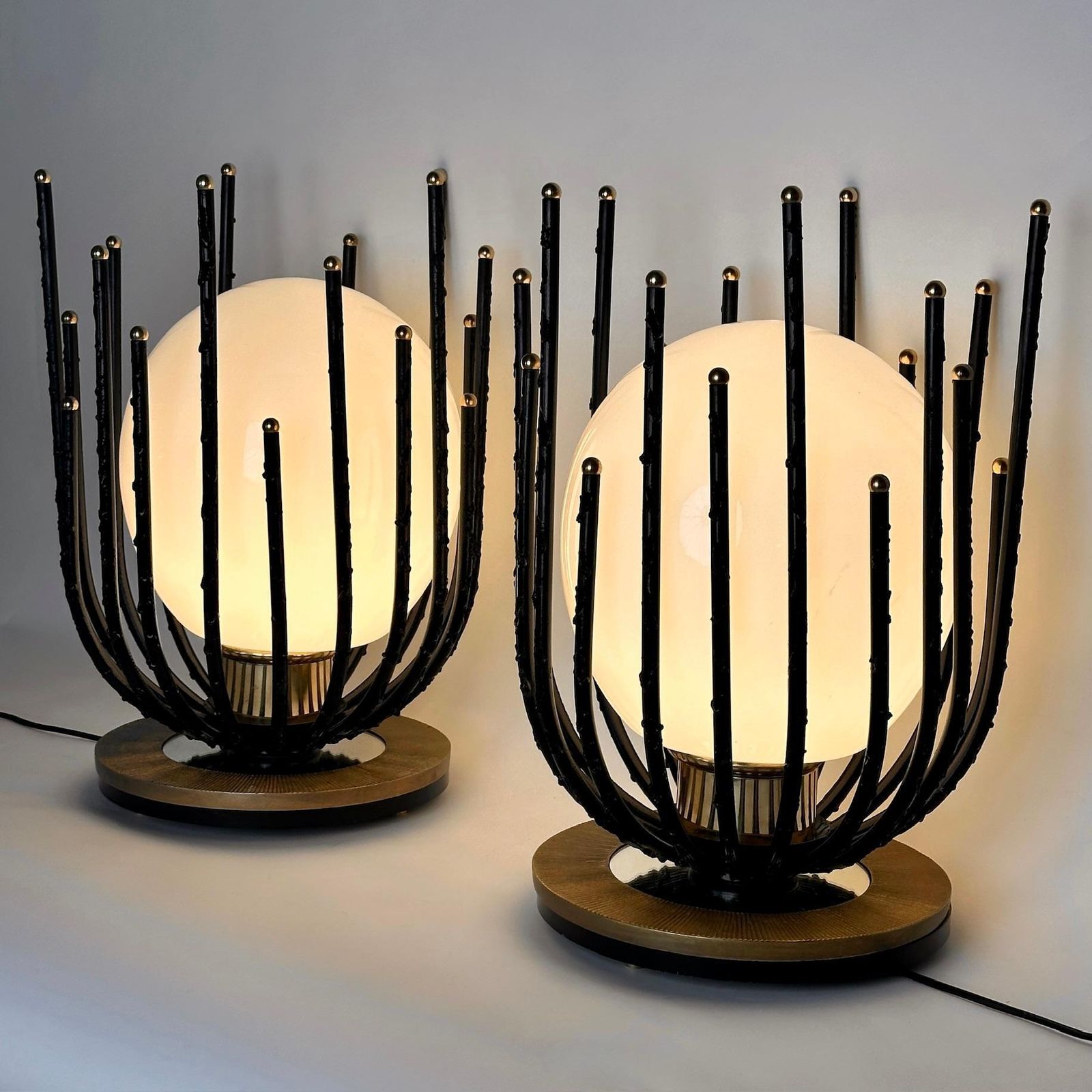 Late20th Century Pair Of Black Iron, Brass & Opaline Glass Brutalist Table Lamps photo furniture