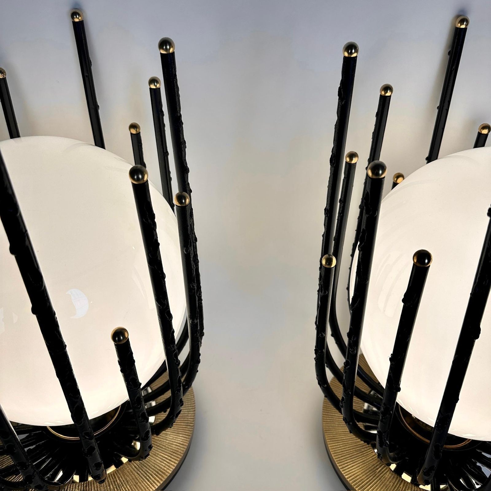 Late20th Century Pair Of Black Iron, Brass & Opaline Glass Brutalist Table Lamps photo 4253.0