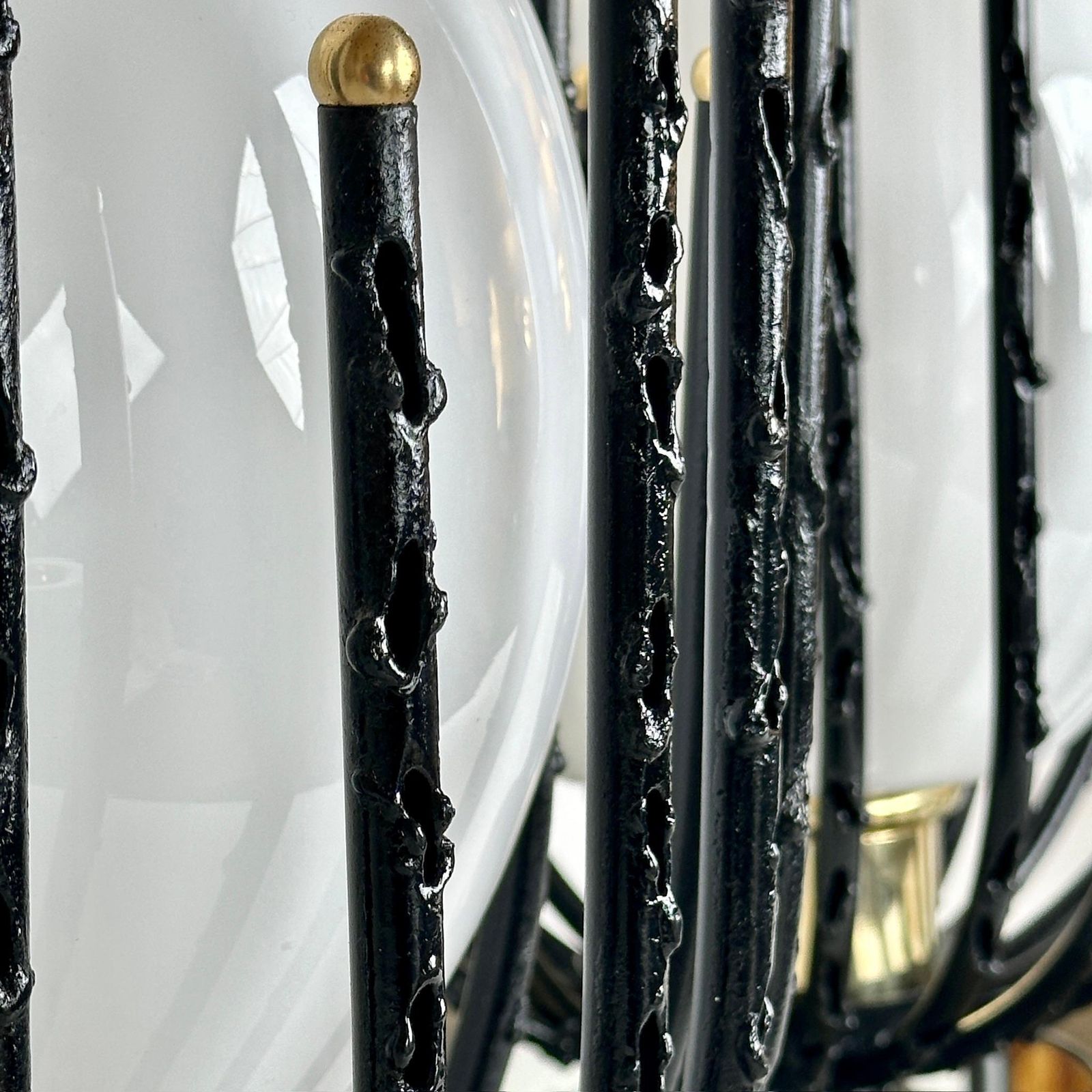 photo for sale Late20th Century Pair Of Black Iron, Brass & Opaline Glass Brutalist Table Lamps