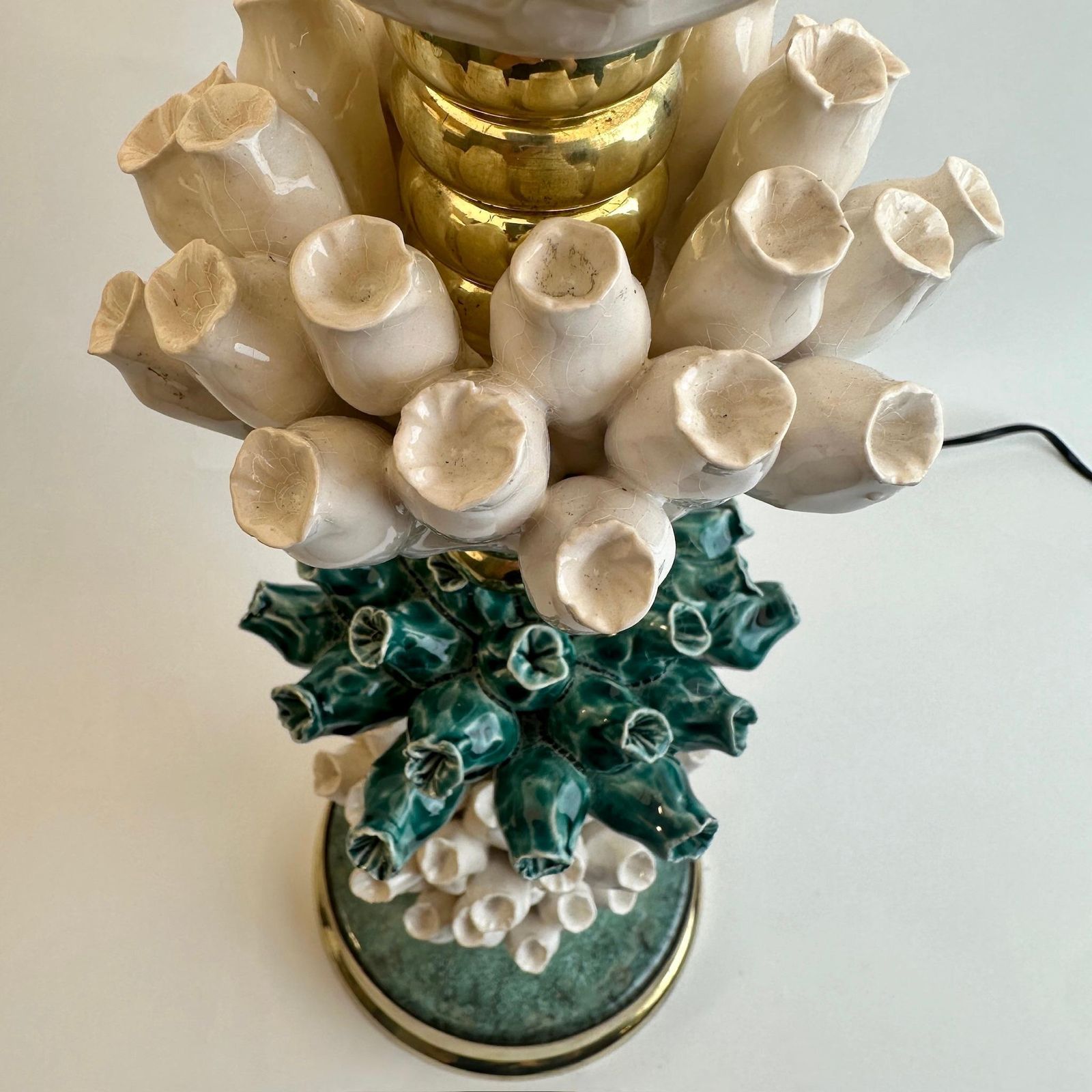 4253.0 Late 20th Century Pair Of Italian Brass W/ Green & White Ceramic Table Lamps photo