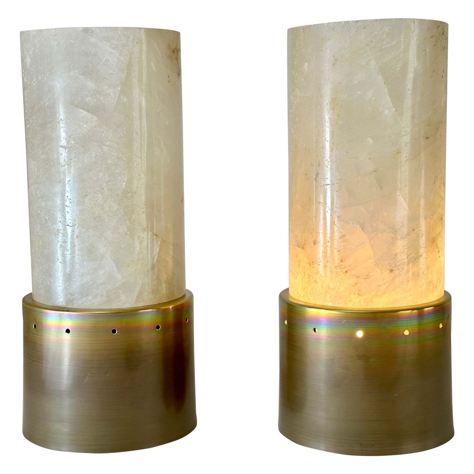Late 20th Century Pair Of Round Brass & White Rock Crystal Stone Table Lamps