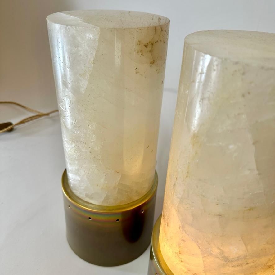 Late 20th Century Pair Of Round Brass & White Rock Crystal Stone Table Lamps photo 4934.0