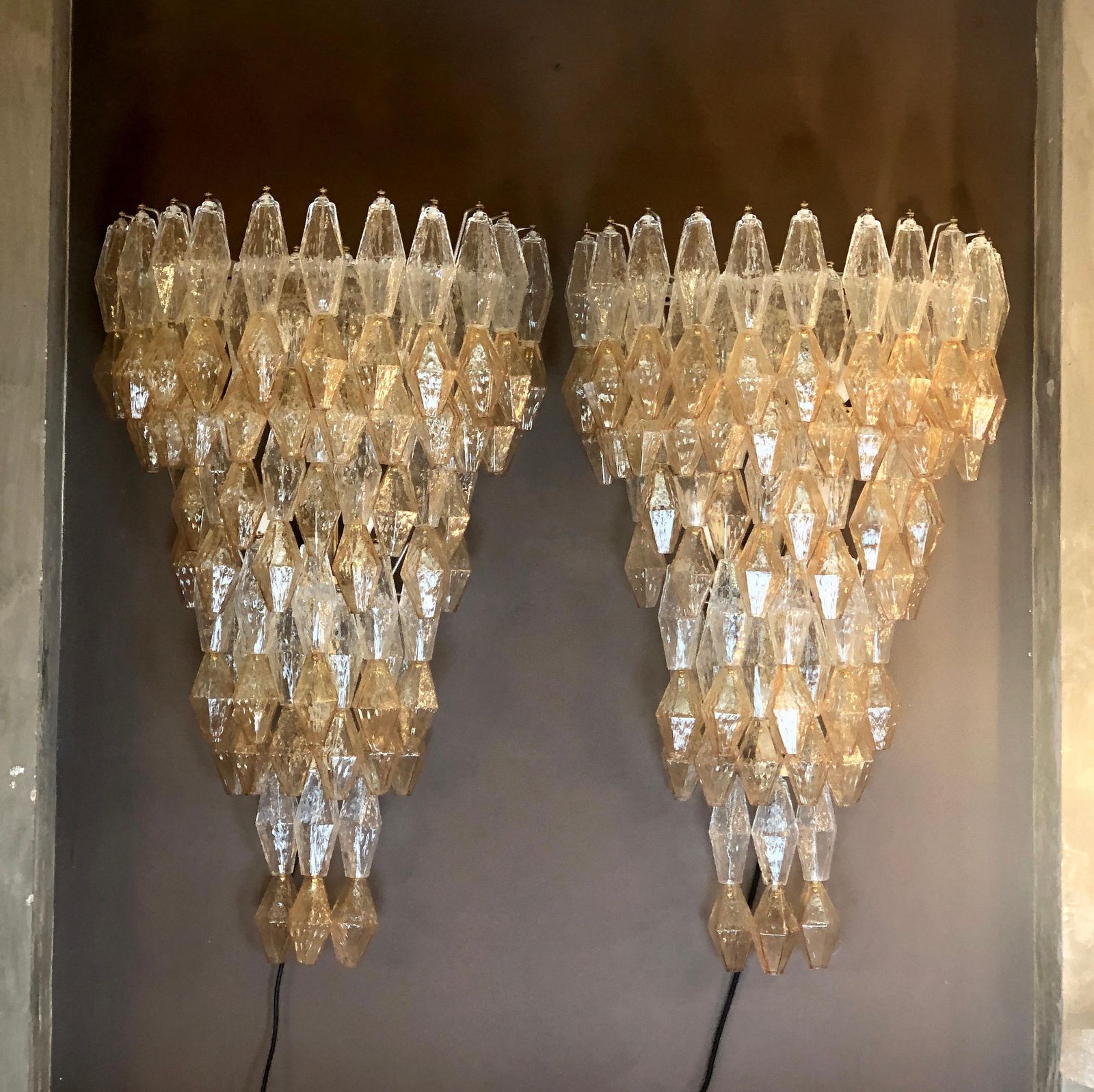Late 20th Century Pair Of Transparent And Amber Polyhedrons Murano Glass Sconces photo for sale