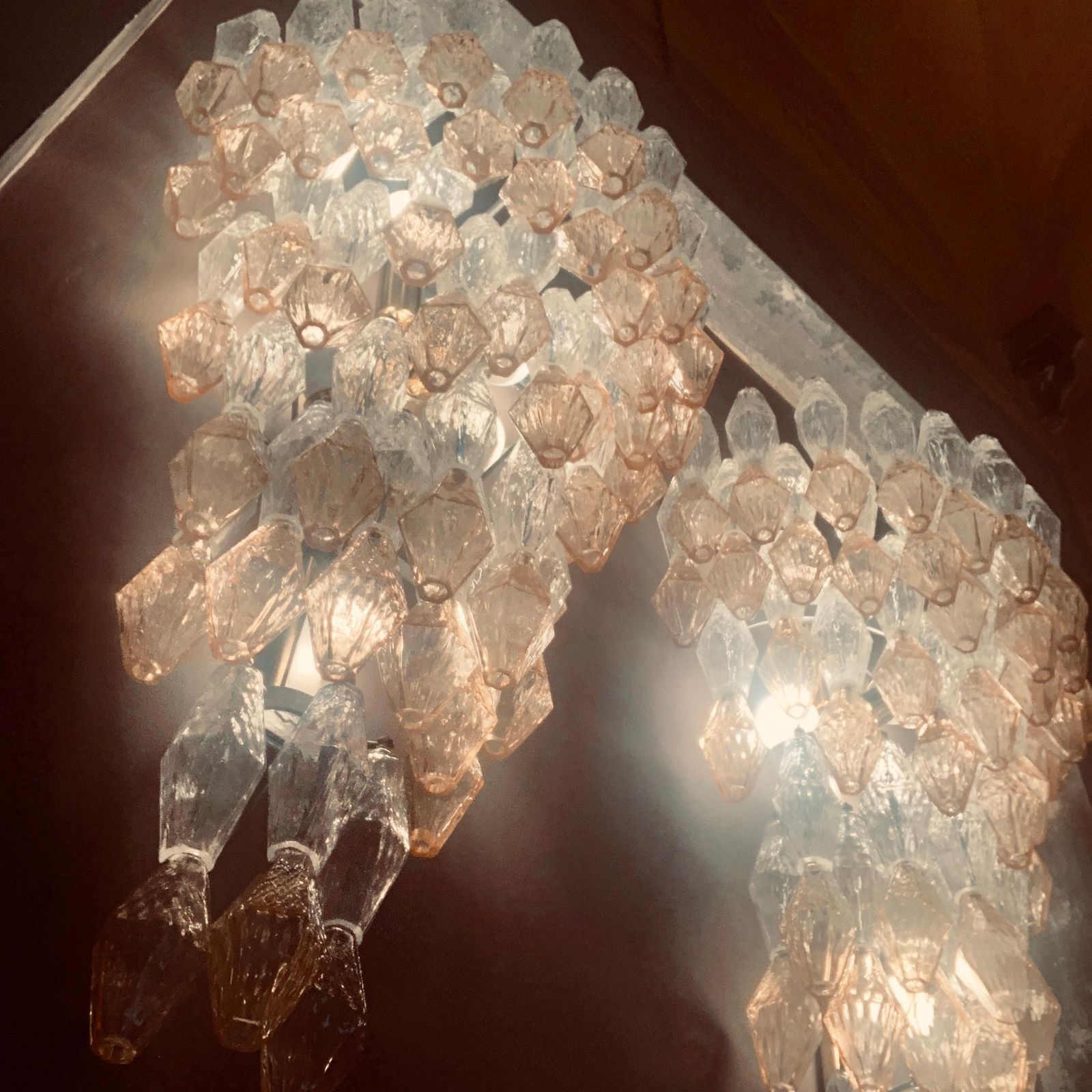 Late 20th Century Pair Of Transparent And Amber Polyhedrons Murano Glass Sconces photo buy