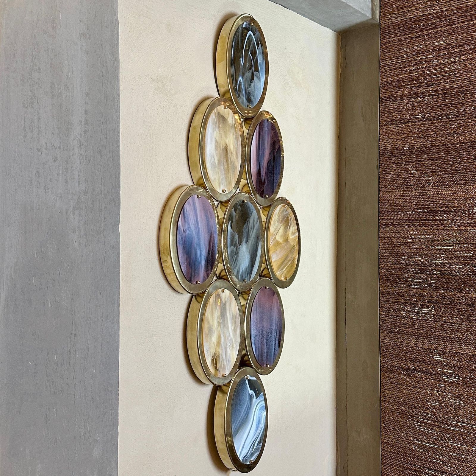 Late 20th Century, Pair Of Brass & Oval Multicolored Murano Art Glass Sconces photo vinterior