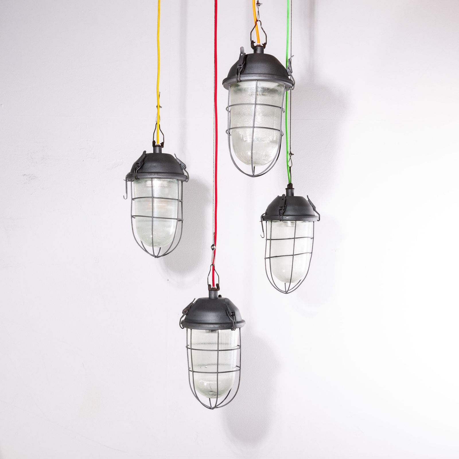 1960s Industrial Caged Hanging Ceiling Pendant Lamps/Lights With Original Glass photo 138.0