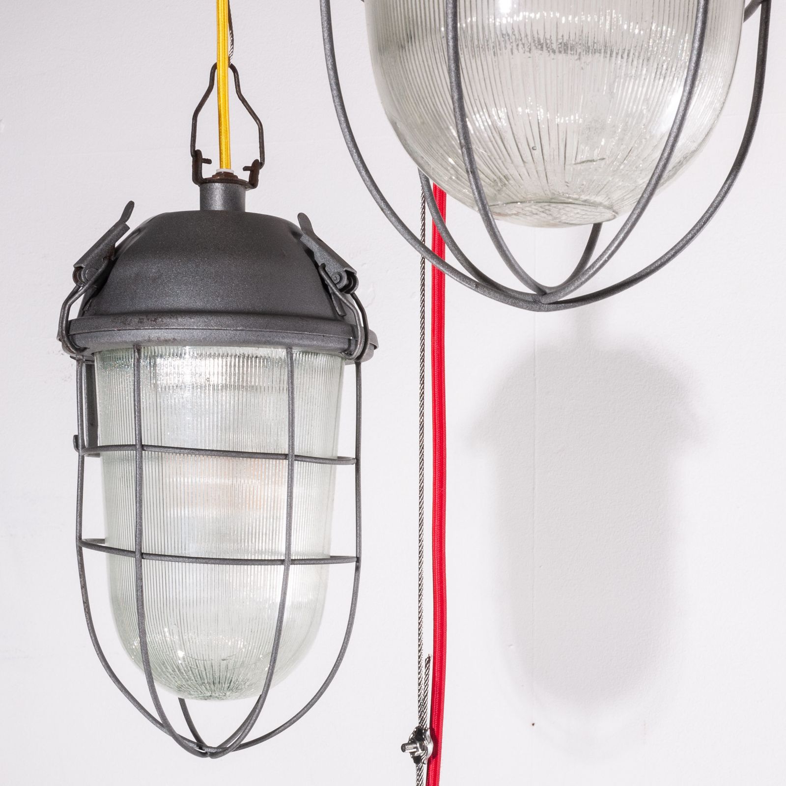 photo furniture 1960s Industrial Caged Hanging Ceiling Pendant Lamps/Lights With Original Glass