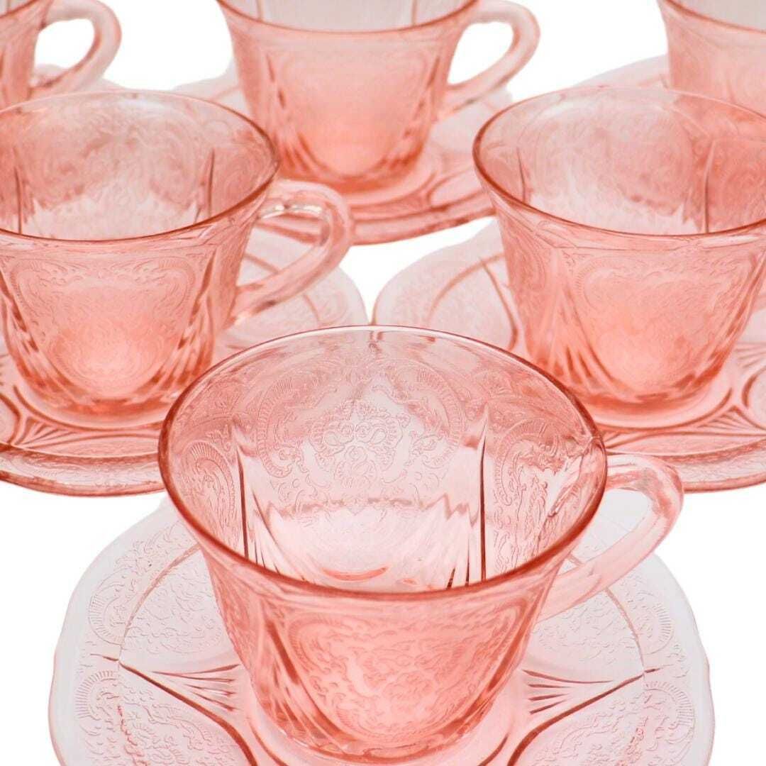 6 Art Deco Pink Pressed Glass Tea Cups And Saucers By Hazel Atlas Royal Lace Pattern photo for sale