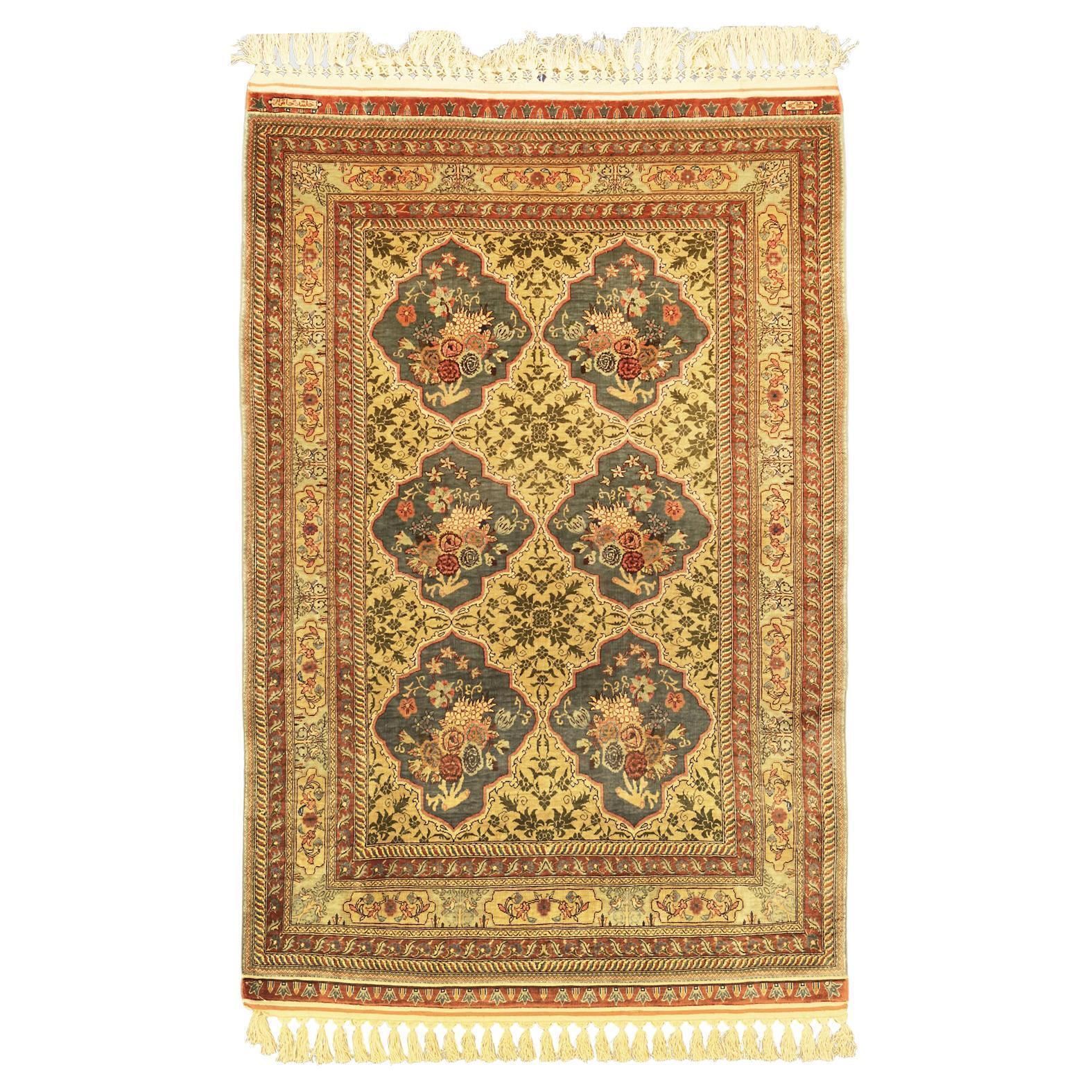 Turkish Hereke Silk & Metal Signed Rug, Garden Of Paradise, 21st Century