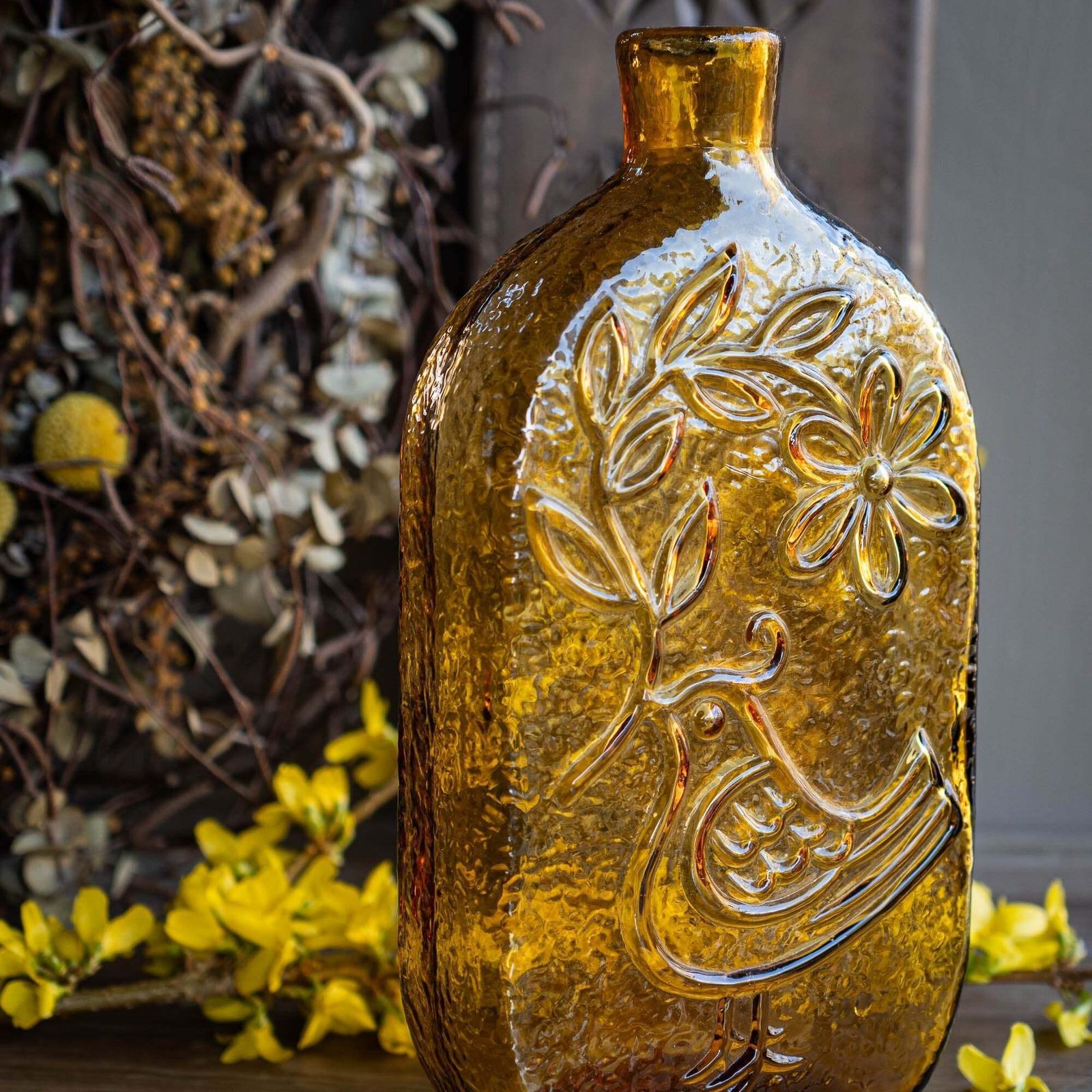 Textured Amber Glass Decanter "Bird Of Peace" By Wayne Husted   Stelvia, Empoli   1960s photo for sale