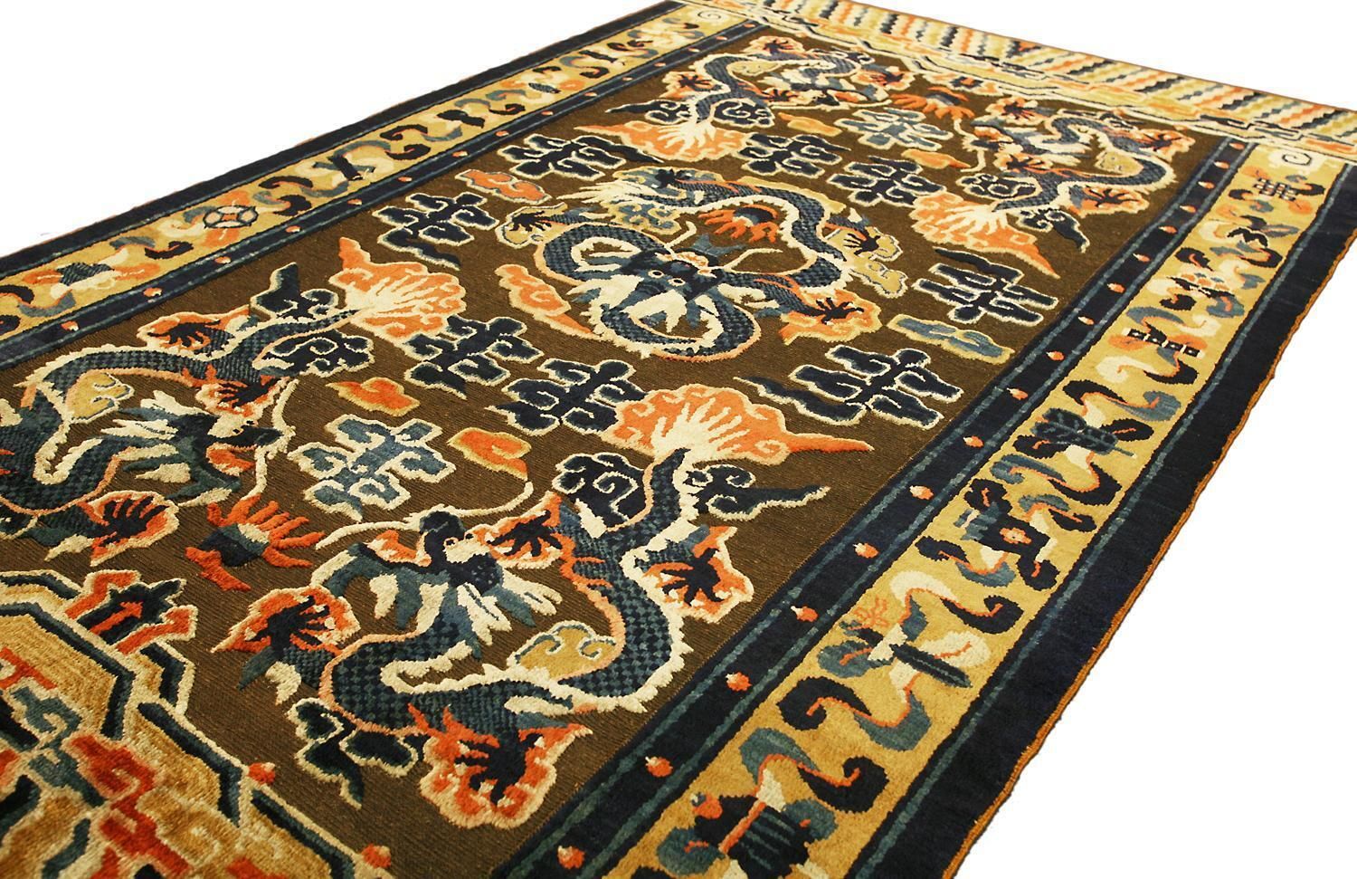 19th Century Ningxia Brown Metal Thread Imperial Palace Souf Chinese Rug photo furniture