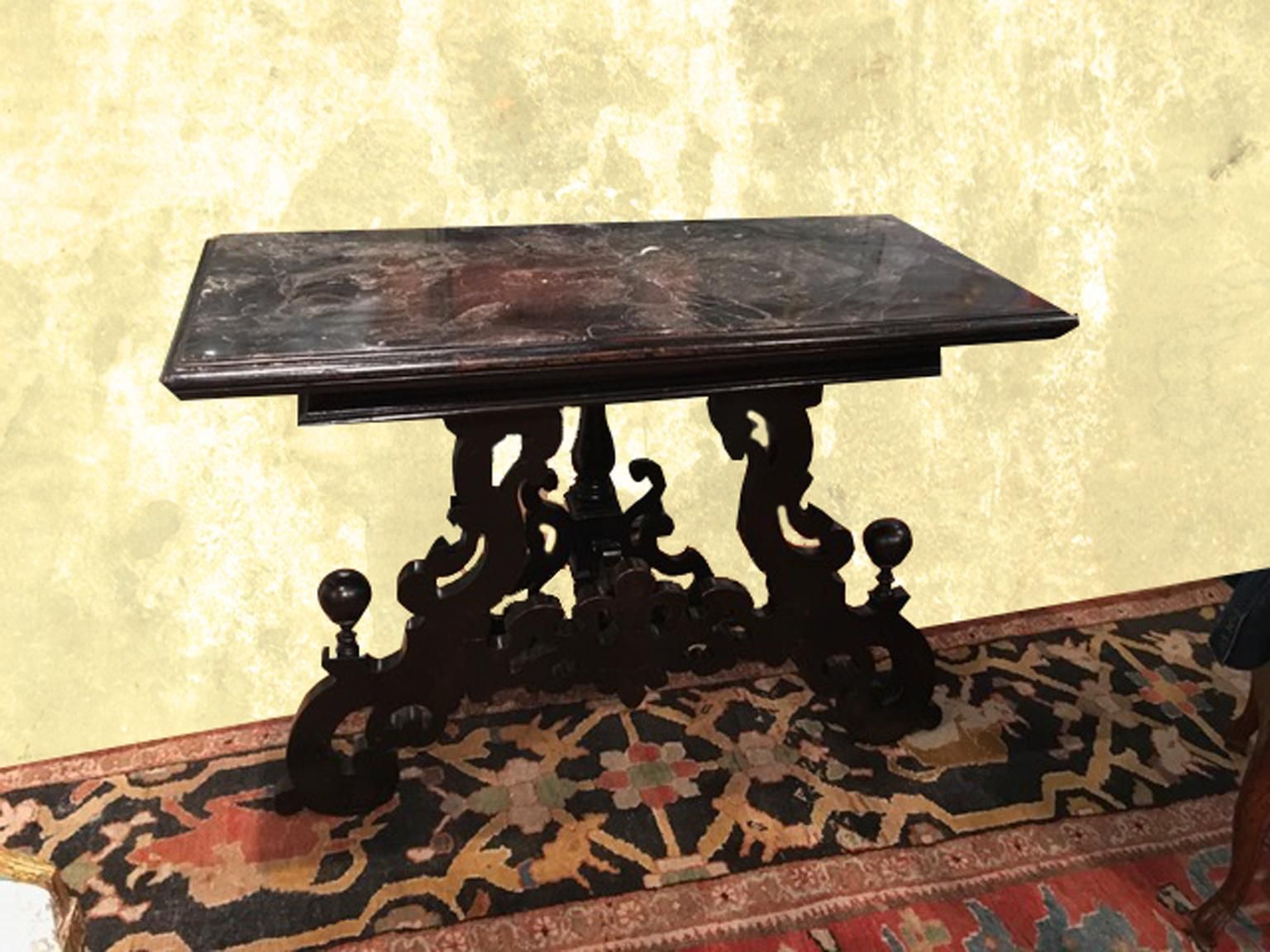 Late 17th Century Italian Wood Ebony Hand Carved Black Marble Console photo Furniture