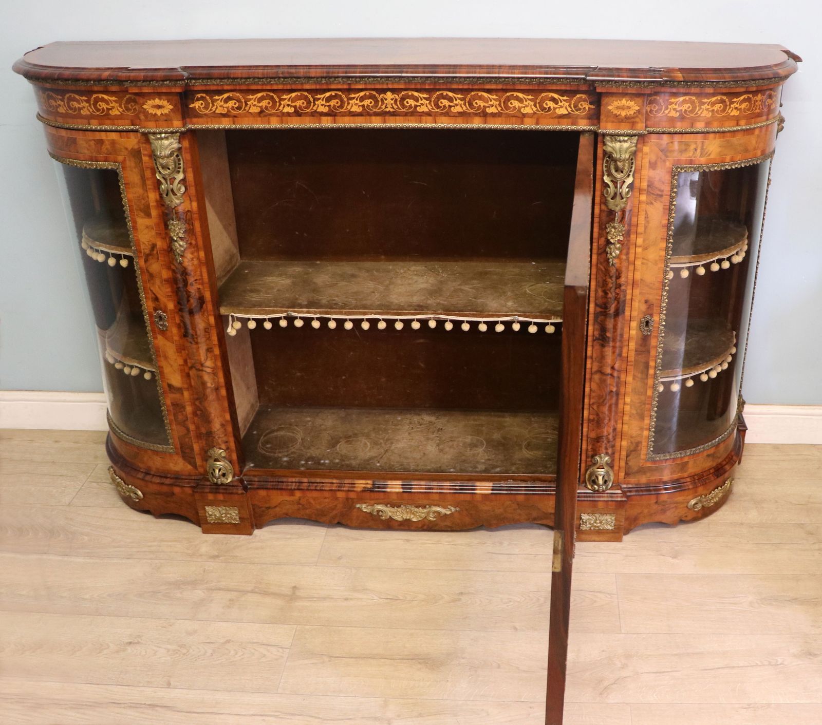 A Lovely Victorian Walnut Veneered, Inlaid And Gilt Metal Mounted Credenza Cabinet. photo 2495.0