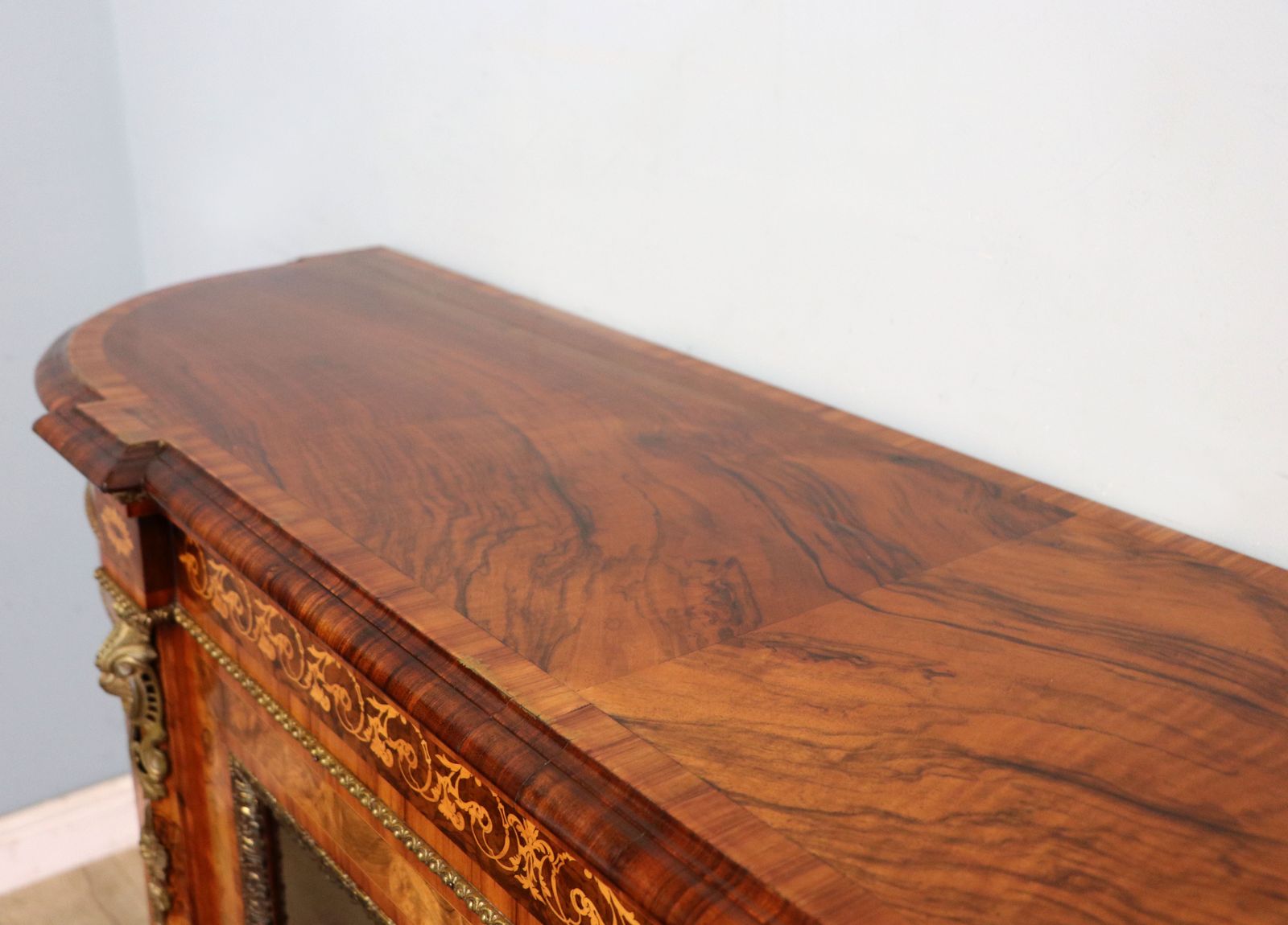 A Lovely Victorian Walnut Veneered, Inlaid And Gilt Metal Mounted Credenza Cabinet. photo vintage