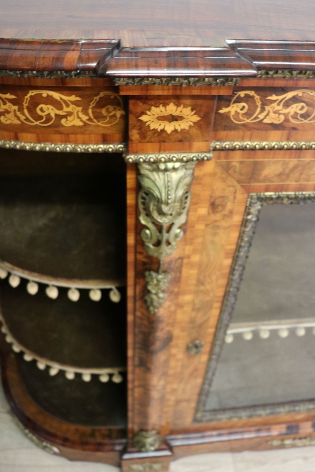 photo for sale A Lovely Victorian Walnut Veneered, Inlaid And Gilt Metal Mounted Credenza Cabinet.