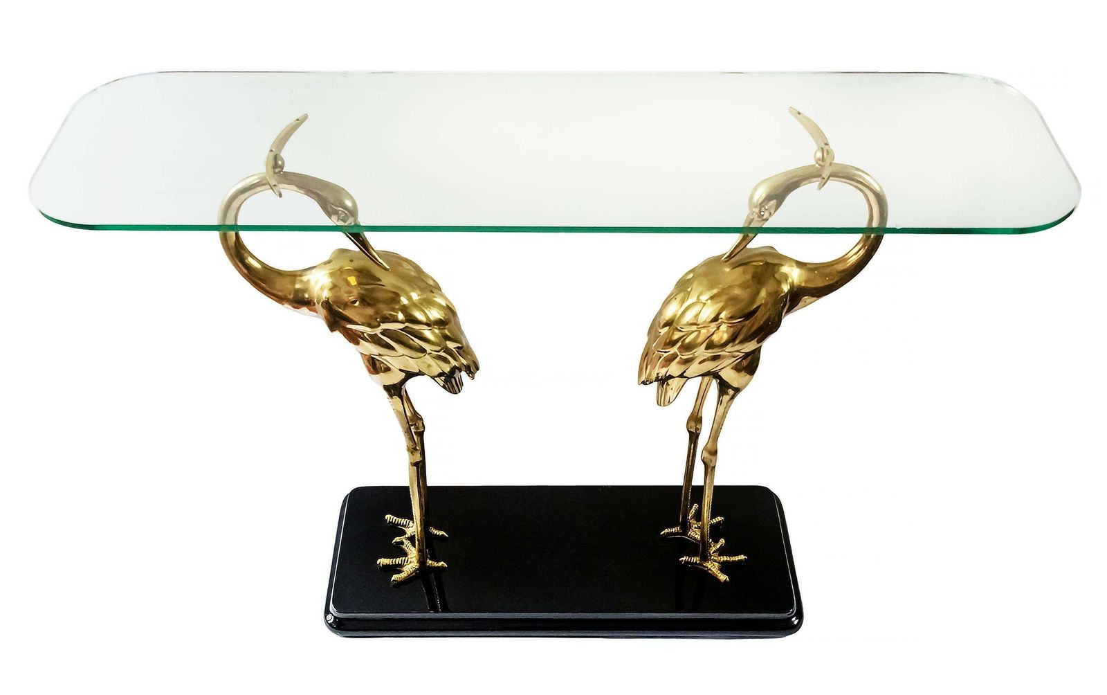 Italian Midcentury Lacquered Wood, Glass And Bronze Console Table With Birds photo vinterior