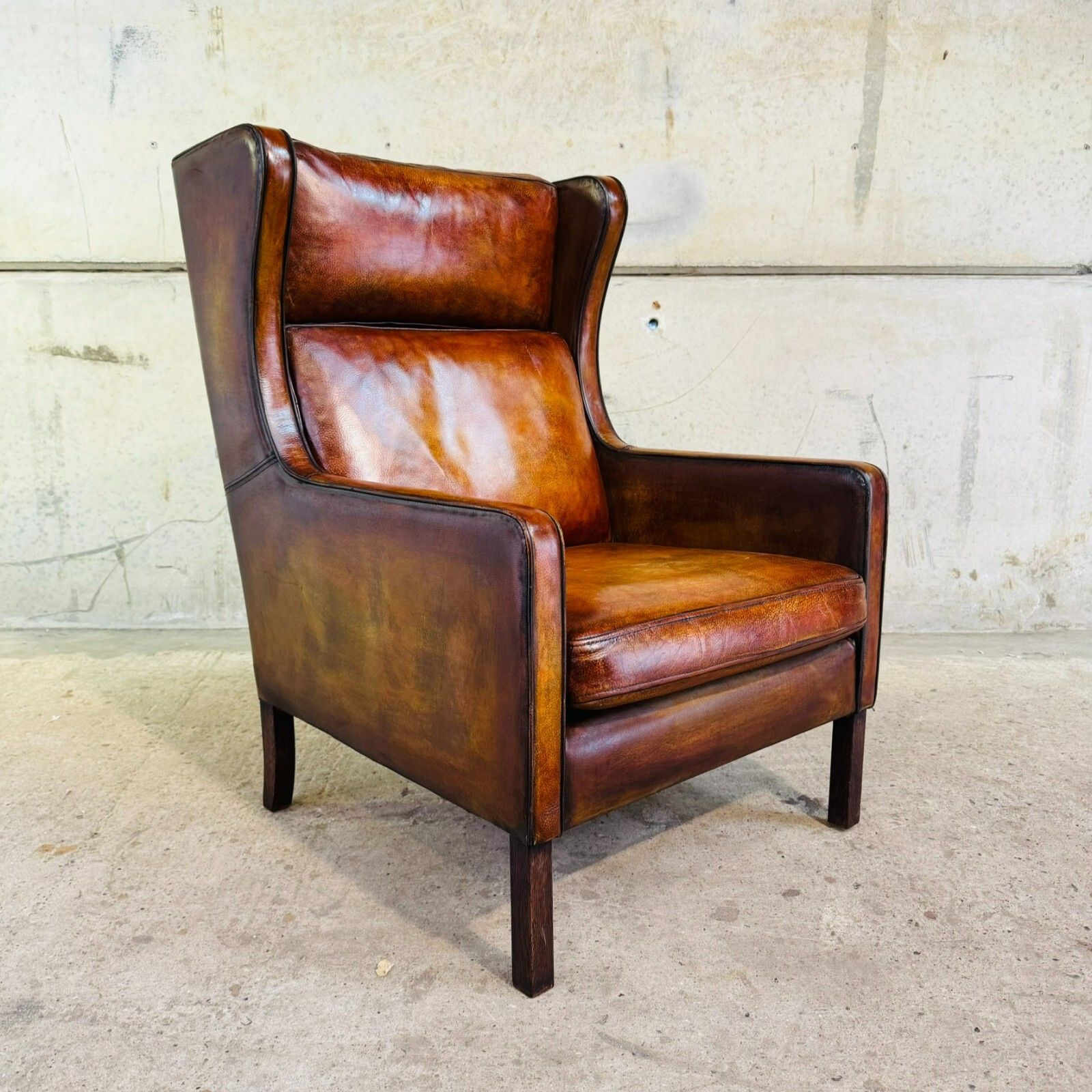 photo for sale Vintage Danish High Back Patinated Tan Leather Armchair #A537