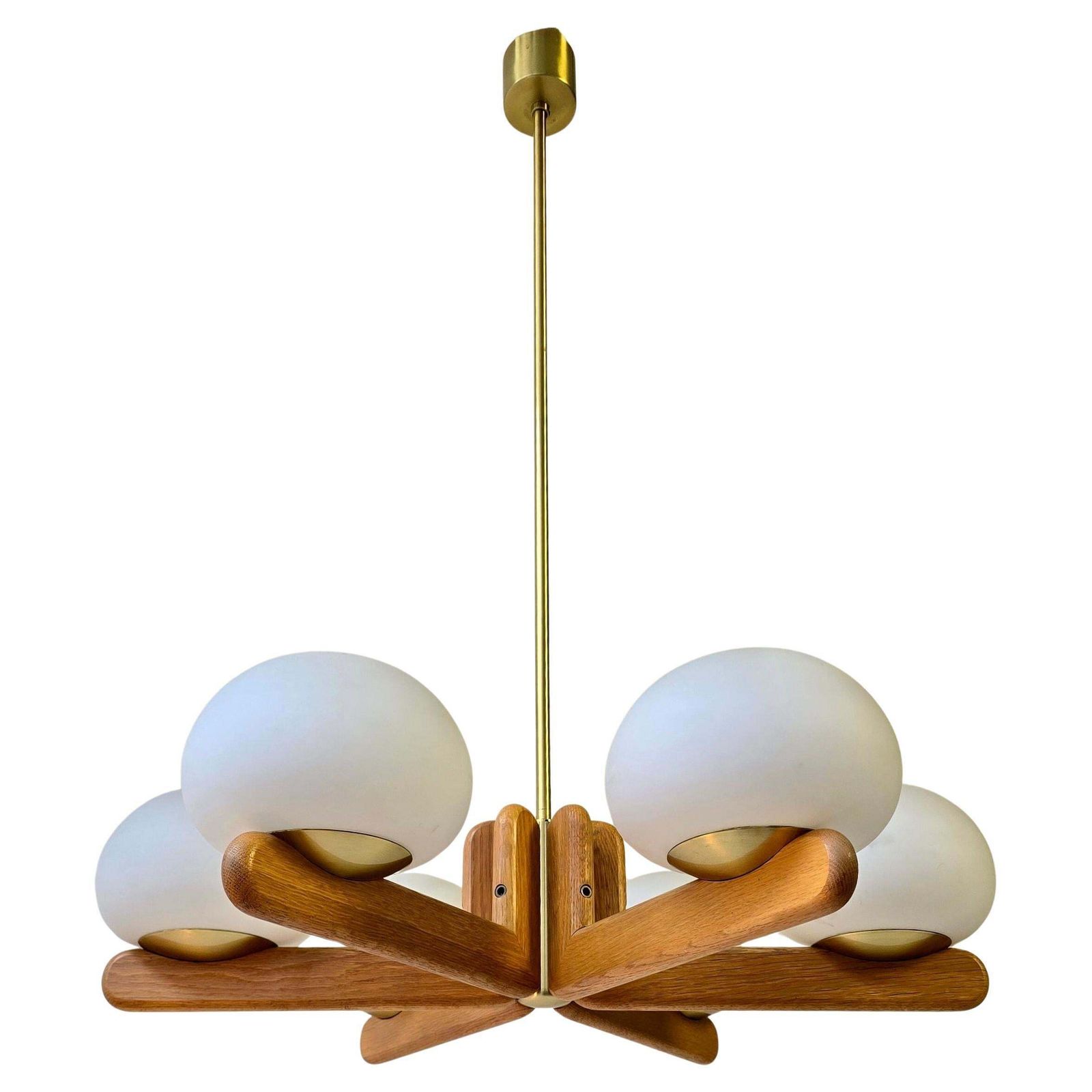Wonderful Minimalistic Oak And Opal Glass Chandelier By Kaiser, Germany 1970s photo buy