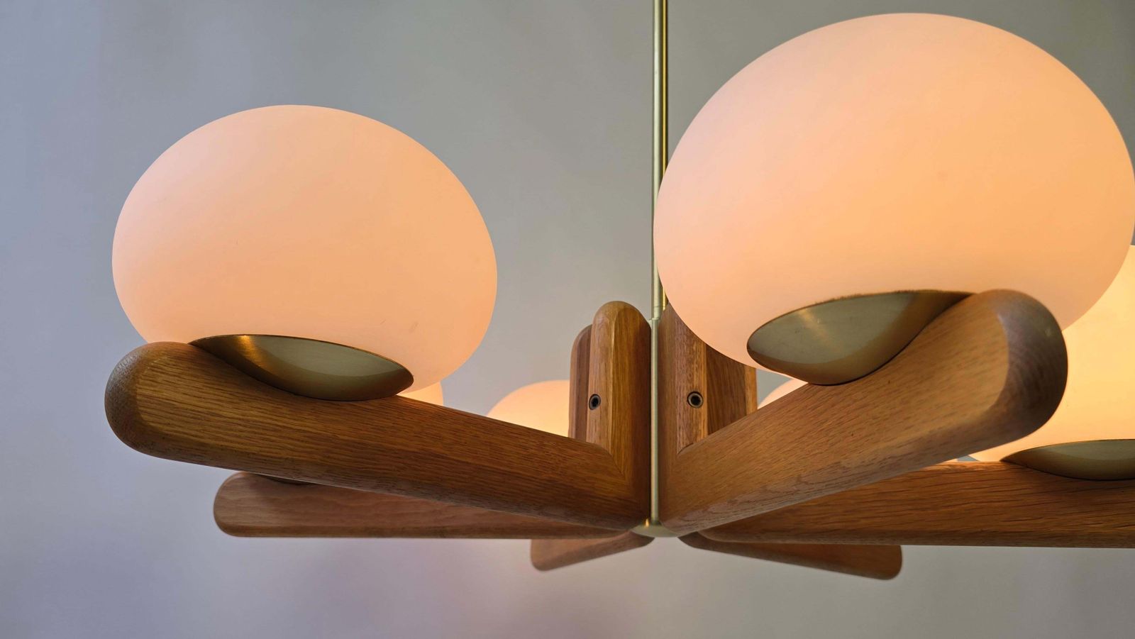 2378.0 Wonderful Minimalistic Oak And Opal Glass Chandelier By Kaiser, Germany 1970s photo